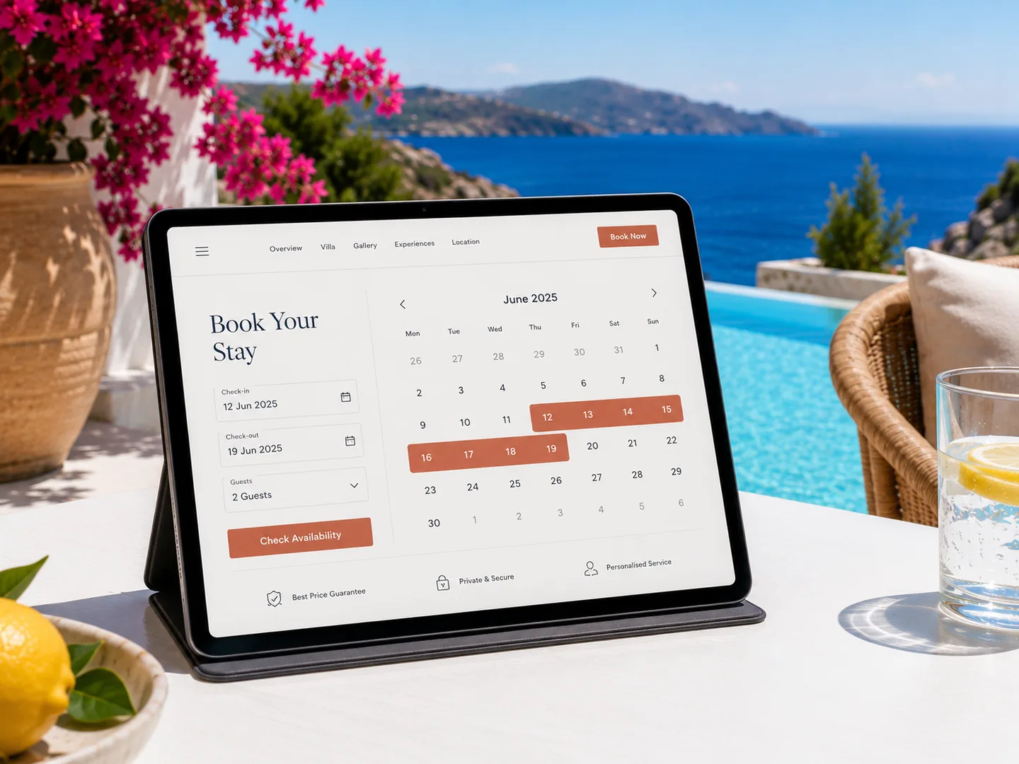 A tablet showing a booking calendar with a run of dates marked
