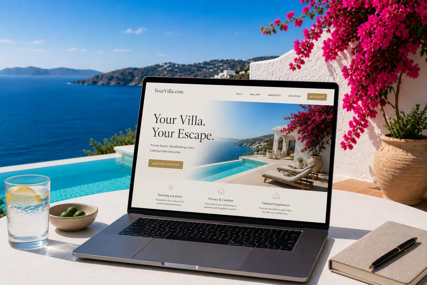 A laptop on a terrace table showing a villa website