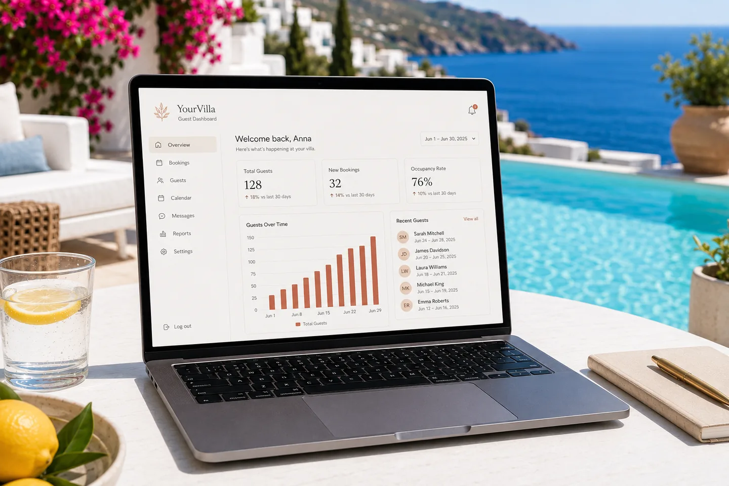 A laptop by a pool showing a guest dashboard with bookings and occupancy