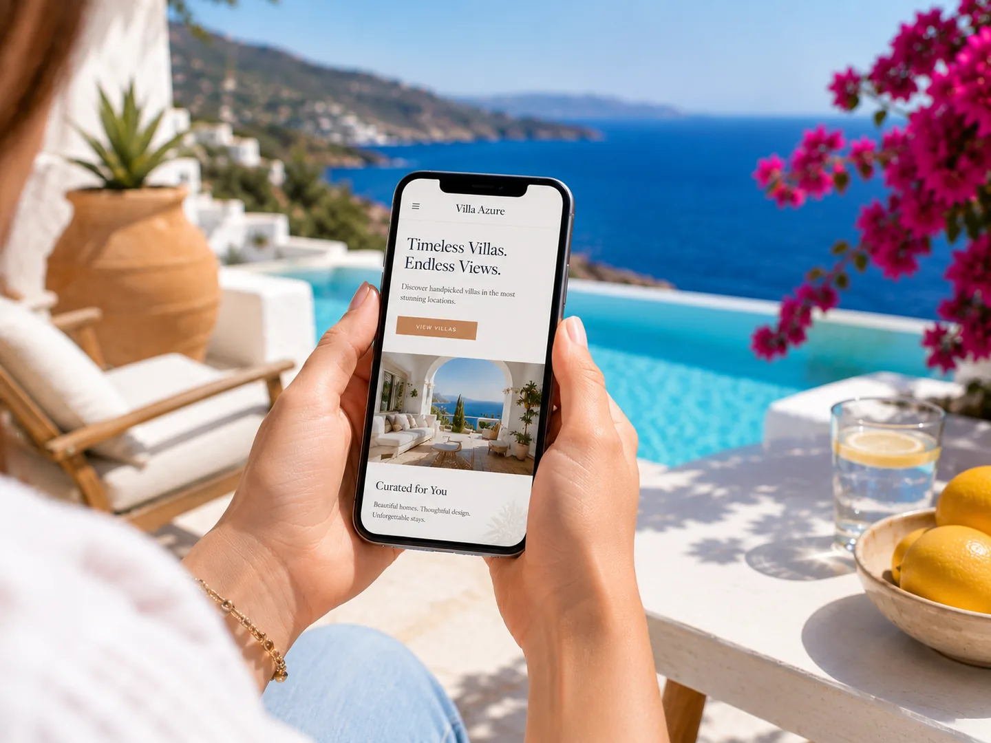 Hands holding a phone showing a villa website on a terrace