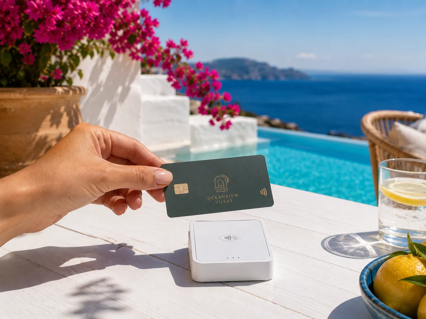 A card held above a contactless card reader on a sunlit poolside table